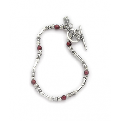 A T-bar Bracelet - Silver and Garnet Beads