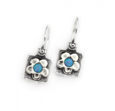 Silver Square Earrings with Flower and opal