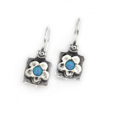 Silver Square Earrings with Flower and opal