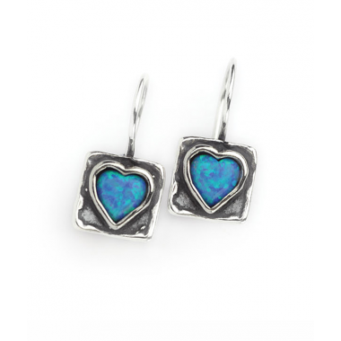 Silver Square Earrings with Opal Heart