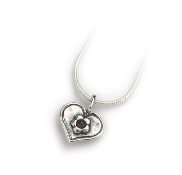Silver Heart Necklace with Flower and Garnet