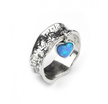 Hammered Silver Ring with Dangly Opal Heart
