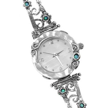 A Round Face Watch with Swirls and Little Opals